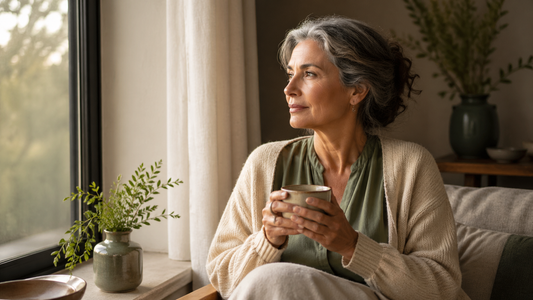 Mature woman in her late 50s sitting calmly by a window holding herbal tea, considering her pre-diabetes diagnosis