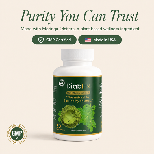 DiabFix Moringa Oleifera supplement bottle with GMP Certified and Made in USA trust badges, showing the plant-based wellness ingredient and quality manufacturing standards.