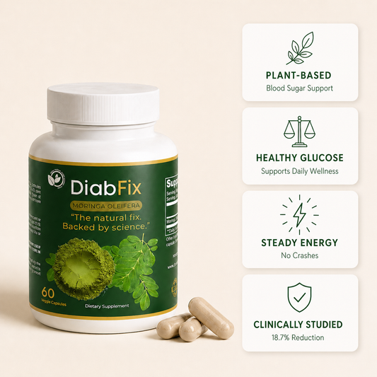 DiabFix Moringa Oleifera supplement bottle with capsules and four wellness benefit cards: plant-based blood sugar support, healthy glucose, steady energy, and clinically studied ingredient.