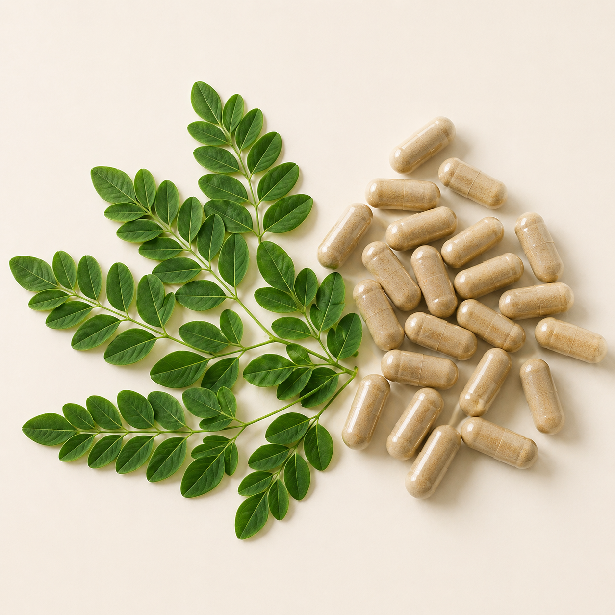 Fresh Moringa Oleifera leaves alongside DiabFix vegetable capsules, showcasing the natural plant ingredient inside every bottle.