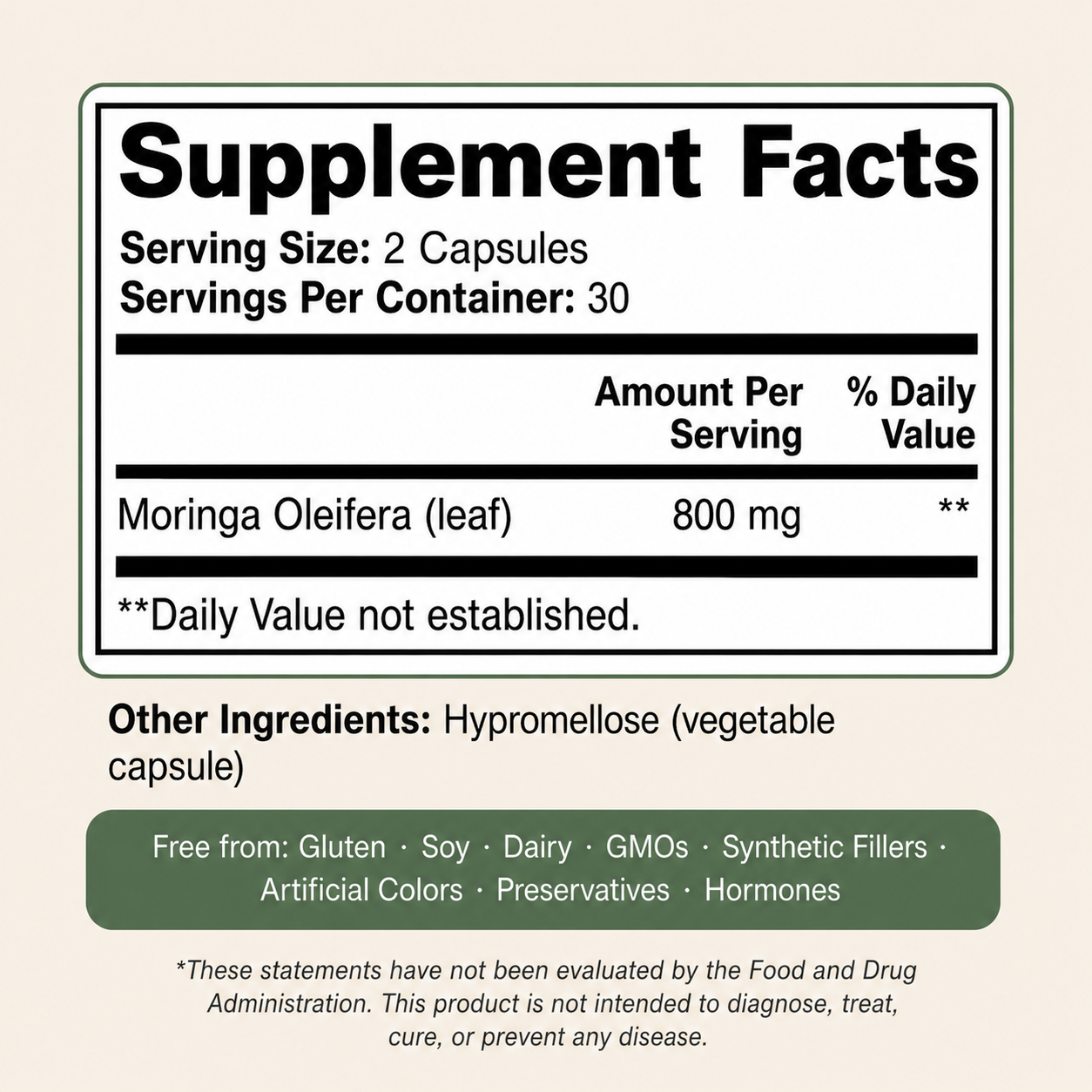 DiabFix Moringa Oleifera supplement facts label: 2 capsule serving size, 30 servings per container, 800mg Moringa Oleifera leaf, free from gluten, soy, dairy, GMOs, synthetic fillers, artificial colors, preservatives, and hormones.